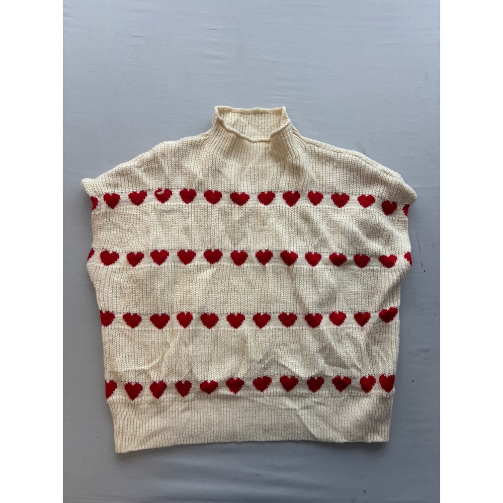 SHEIN Cream Red Heart Knit Sweater Vest Mock Neck Oversized Large